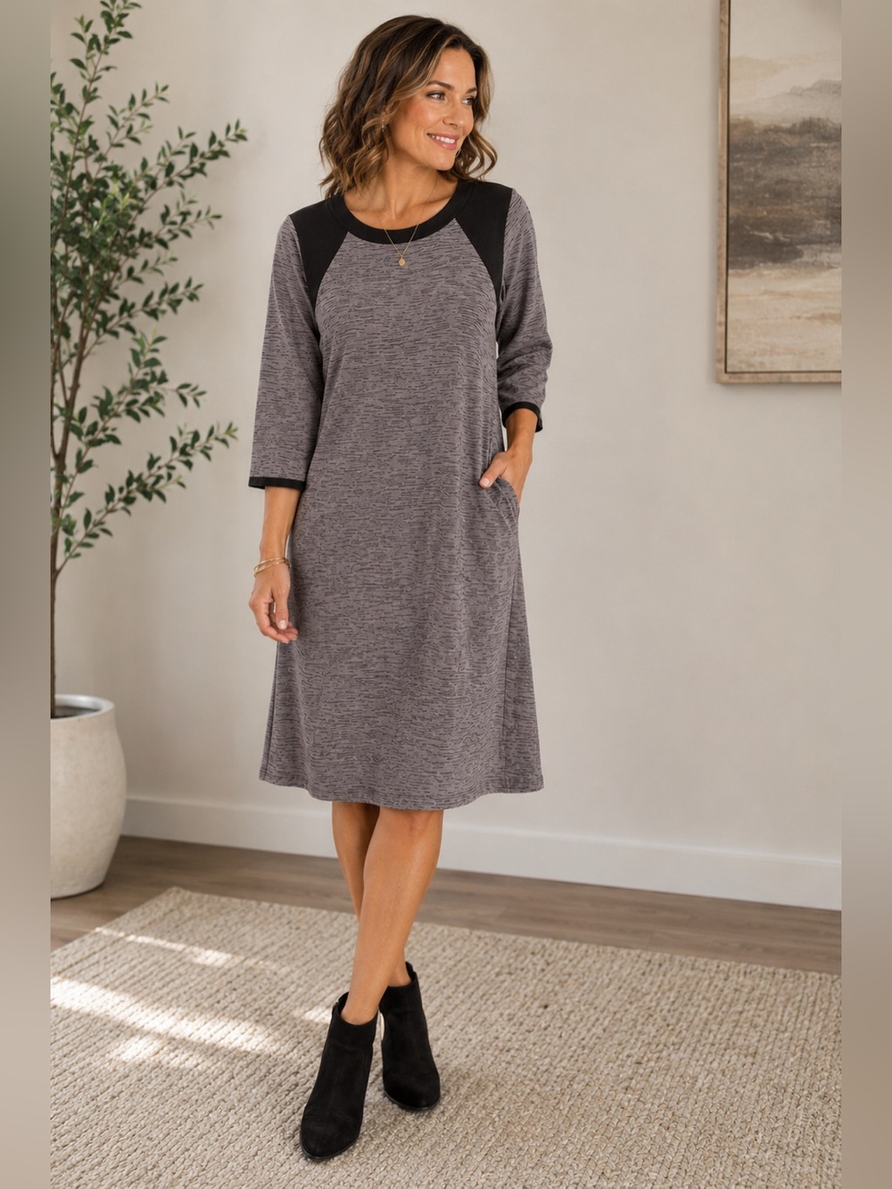 Peppercorn by Anthropologie Grey & Black Midi Dress | Size Medium | Casual Chic